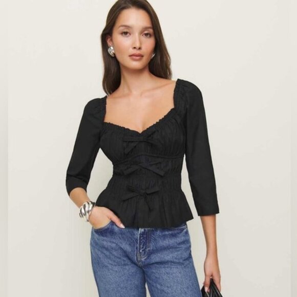 NEW Reformation Lauryn Elegant Cotton Black Top Bows | size 2 - Picture 1 of 11
